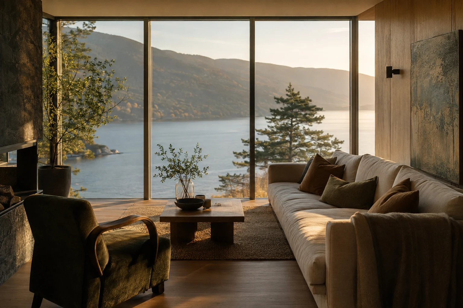 Fiktiv bolig med lys stue og fjordutsikt
